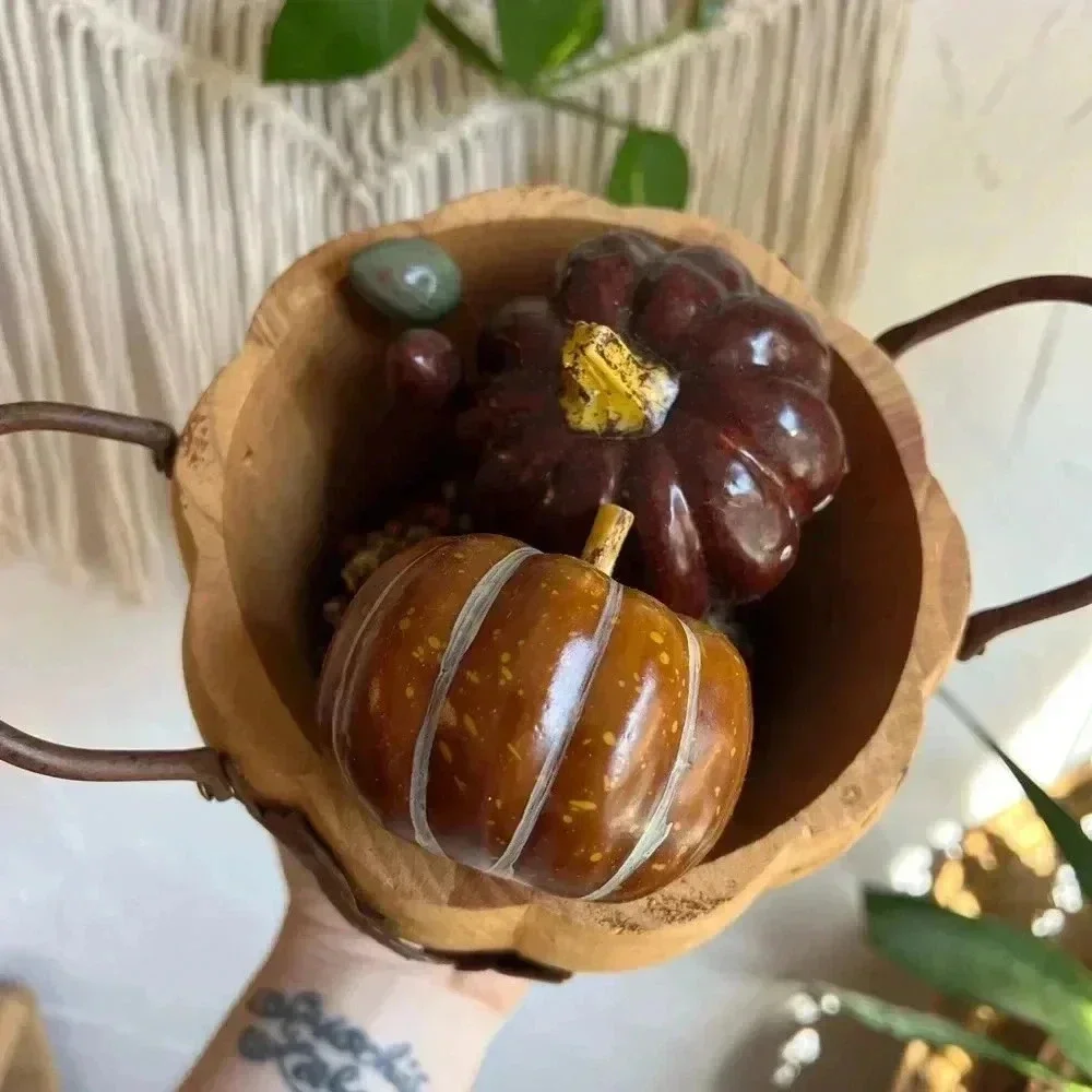 Pier 1 Rustic Wooden Pumpkin Bowl with Metal Leaf Accents – 5” x 5” - Picture 3 of 5